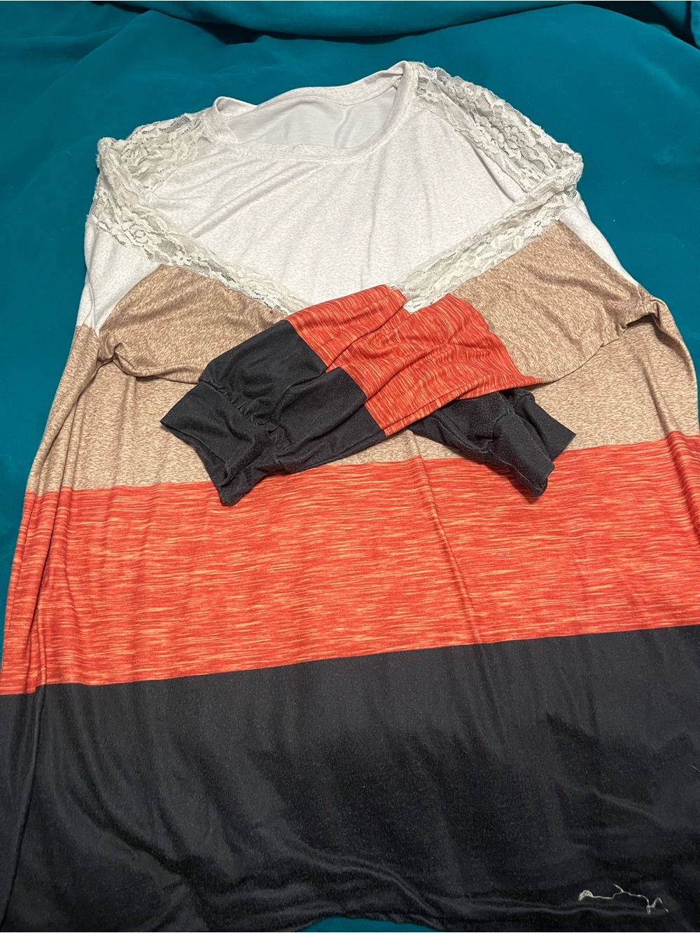 Striped Long Sleeve Lace Yoke Top in Coral, Black, Cream